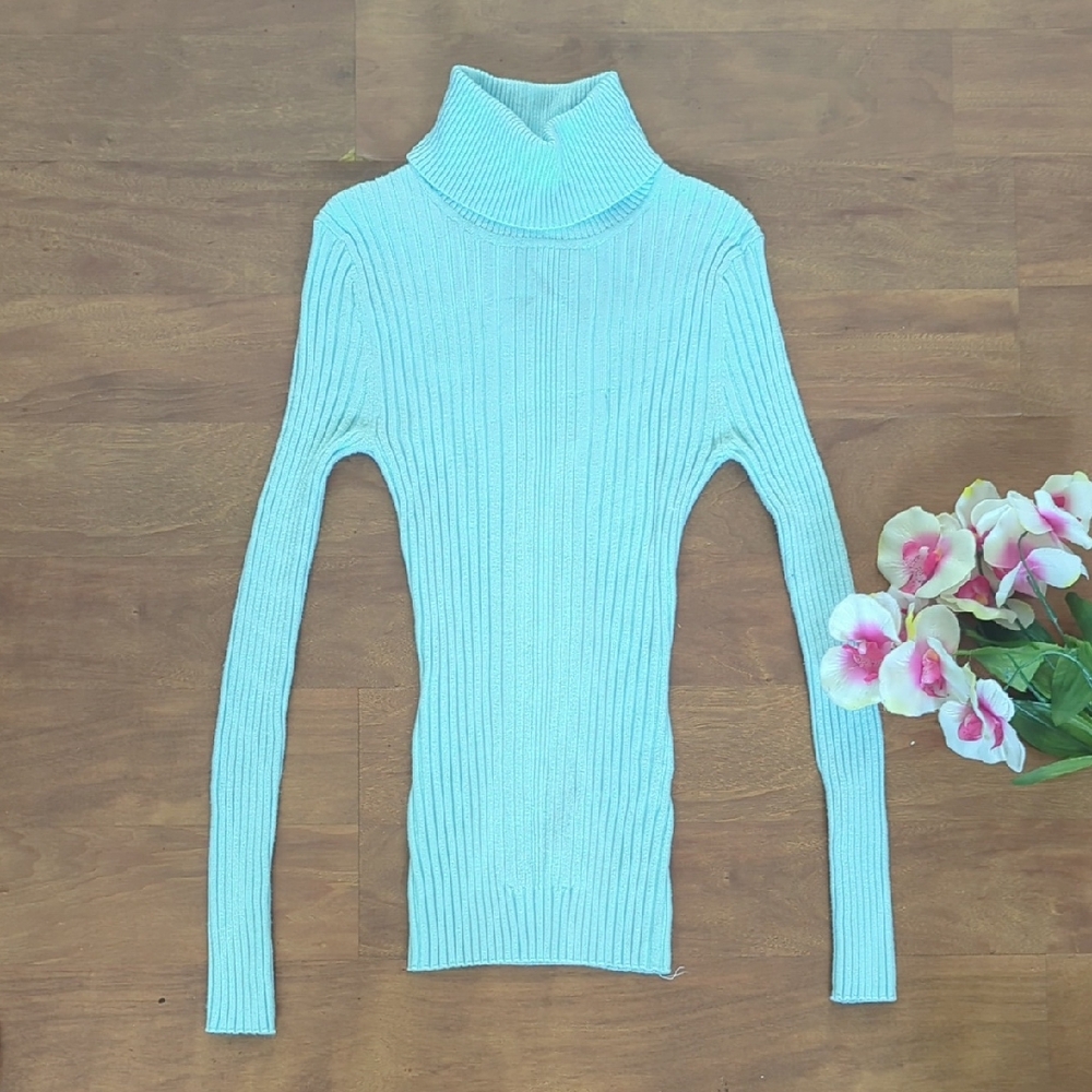 It's Our Time Blue Ribbed Turtleneck Sweater